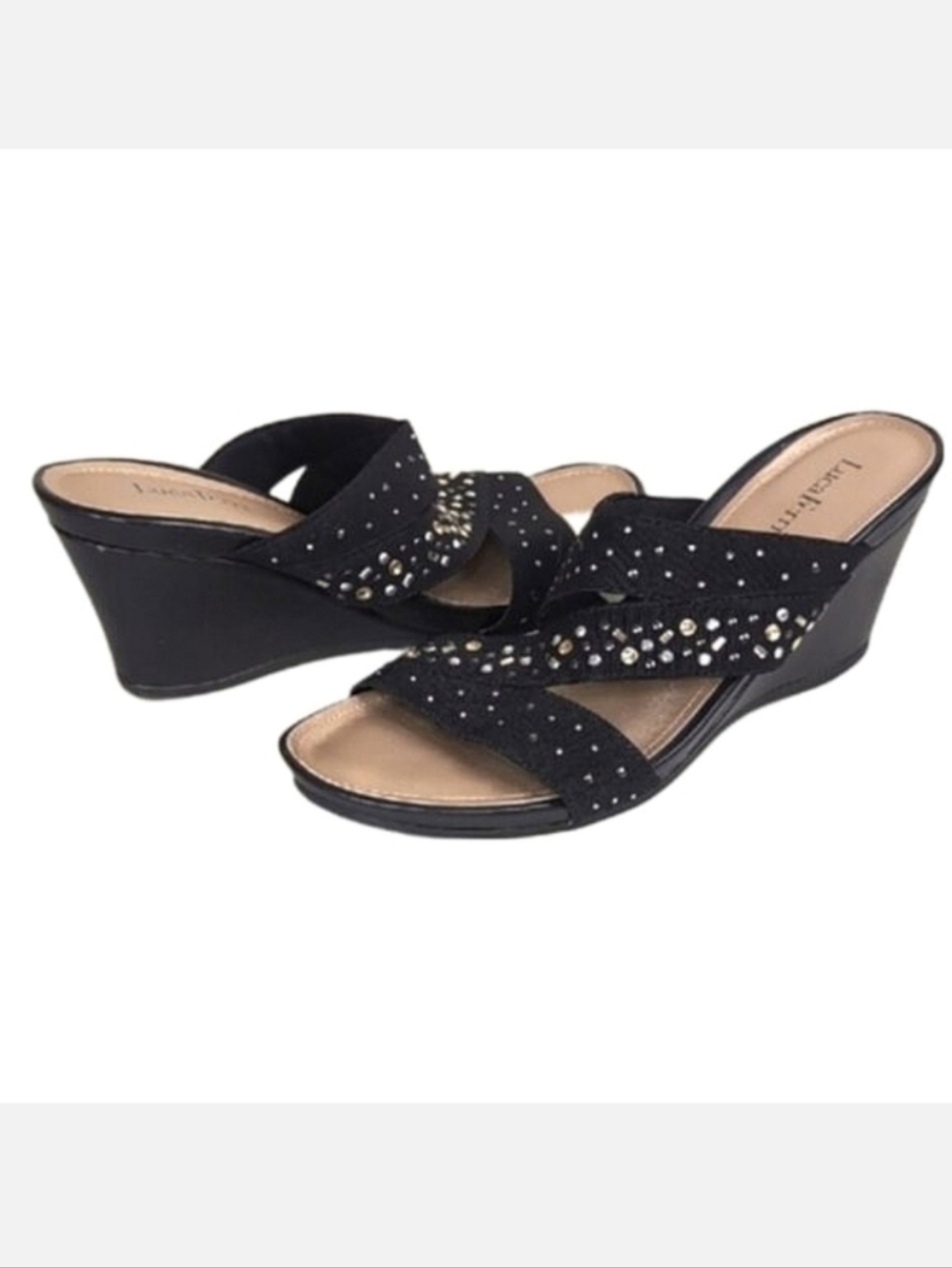 Luca Ferri Wedge Sandals Beaded Rhinestones Black Faux Leather Shoes Size 9